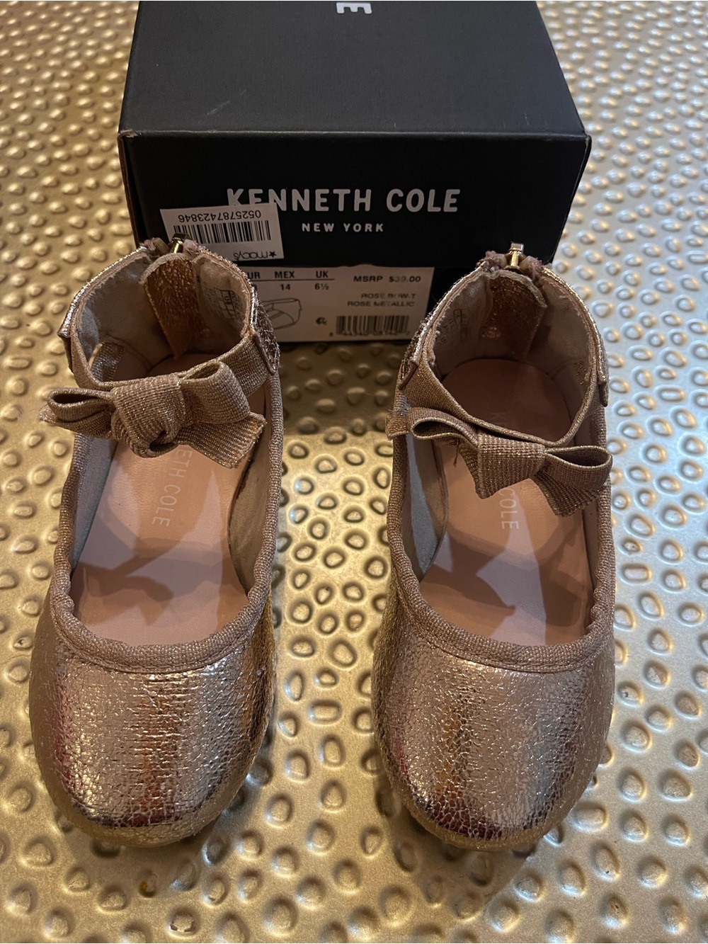 Kenneth Cole New York Girls Metallic Rose Gold Bow Mary Jane Flats